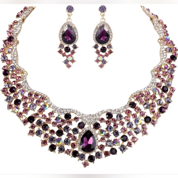 Austrian Crystal Flower Cluster Teardrop Statement Set - Picture 2 of 7